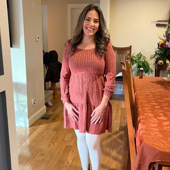 Women's Caramel Square Neck Long Sleeve Fall Casual Baby Doll Sweater Dress - Picture 2 of 3